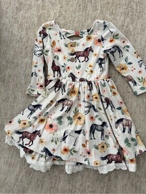 cheeky plum White Floral & Horse Print Long-Sleeve Dress